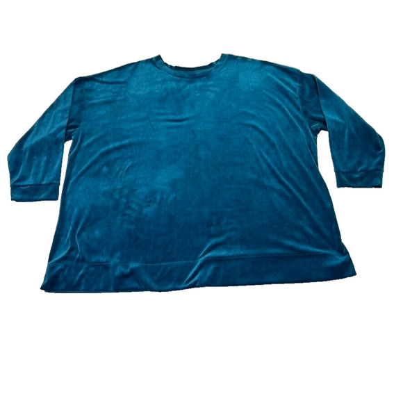 Woman Within Blouse Top 3X Velour Blue Green Three Quarter Sleeves Pullover - Picture 1 of 7